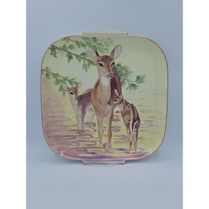 Rare Hutschenreuther Selb LHS Germany handpainted platter Doe & 2 fawn Signed